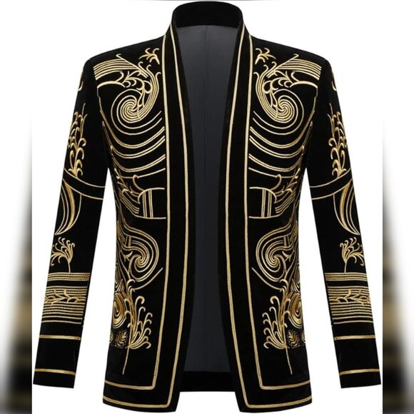NEW Men's Court Prince Black Velvet Gold Embroidery Blazer Suit Jacket SZ S - Picture 1 of 6